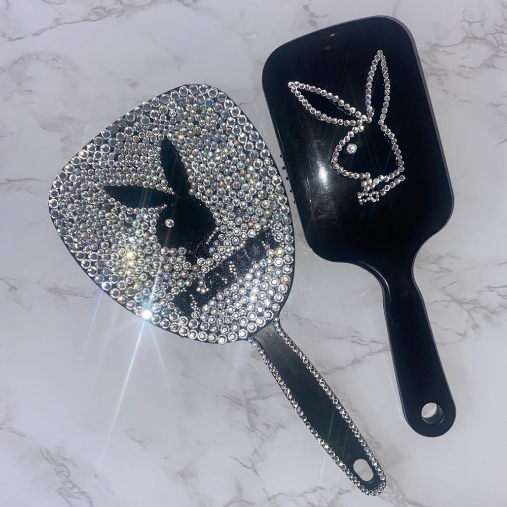 Playboy Black and Silver Rhinestone Hairbrush and Mirror  Duo